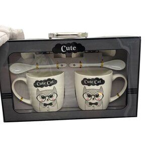 NIB Cute Cat Coffee Tea Mug‎ Cup Gift Box Set With Teaspoons Plate
